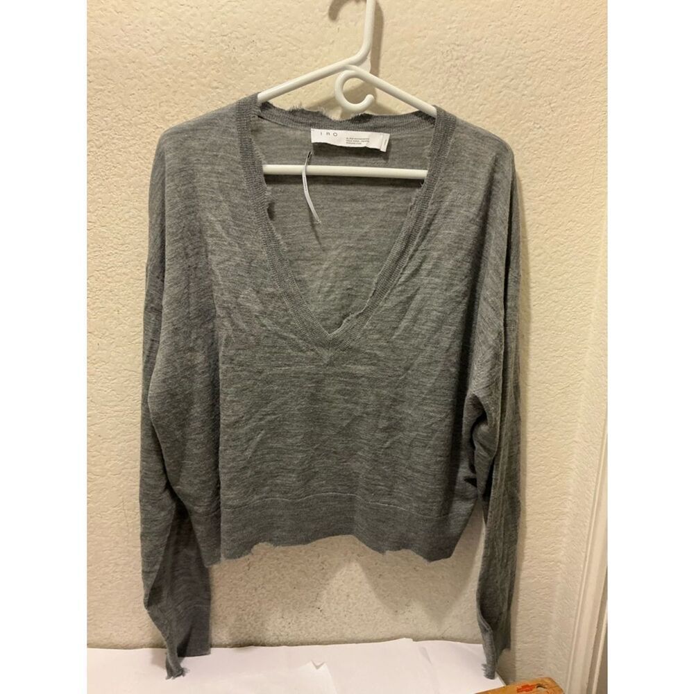 IRO Gray Briscoe V-Neck Knit Sweater sweatshirt ripped Large